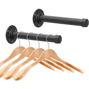 Cast Iron Wall Mounted Clothes Rack, Heavy Duty Industrial Pipe Clothing Rack for Hanging Clothes, Garment Racks for Wardrobe Organizers and Storage, DIY Closet Rods Closet Bar (Black 2 Pack, 8 in)