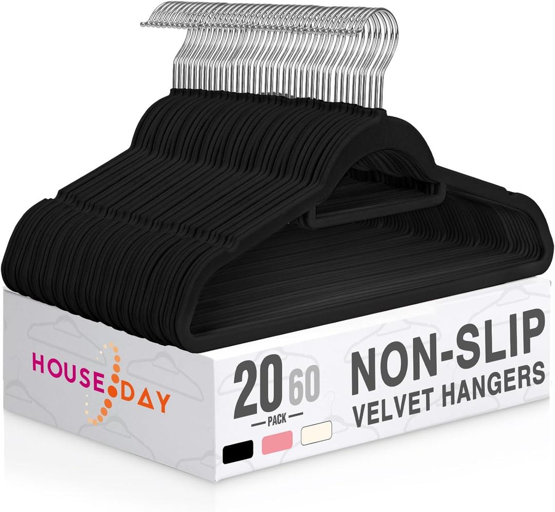 HOUSE DAY Velvet Hangers 20 Pack, Non-Slip Hangers with Tie Bar, Premium Standard Clothes Hanger Slim Felt Hanger 360 Swivel Hook for Closet Organized StorageElegance Black 72g/Pc