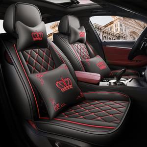 Crown Car Seat Covers Full Set, Premium Leather Waterproof Anti-Slip Automotive Interior Protector for Cars, SUVs, Pickup, Trucks & Sedans (Black+Red Line)