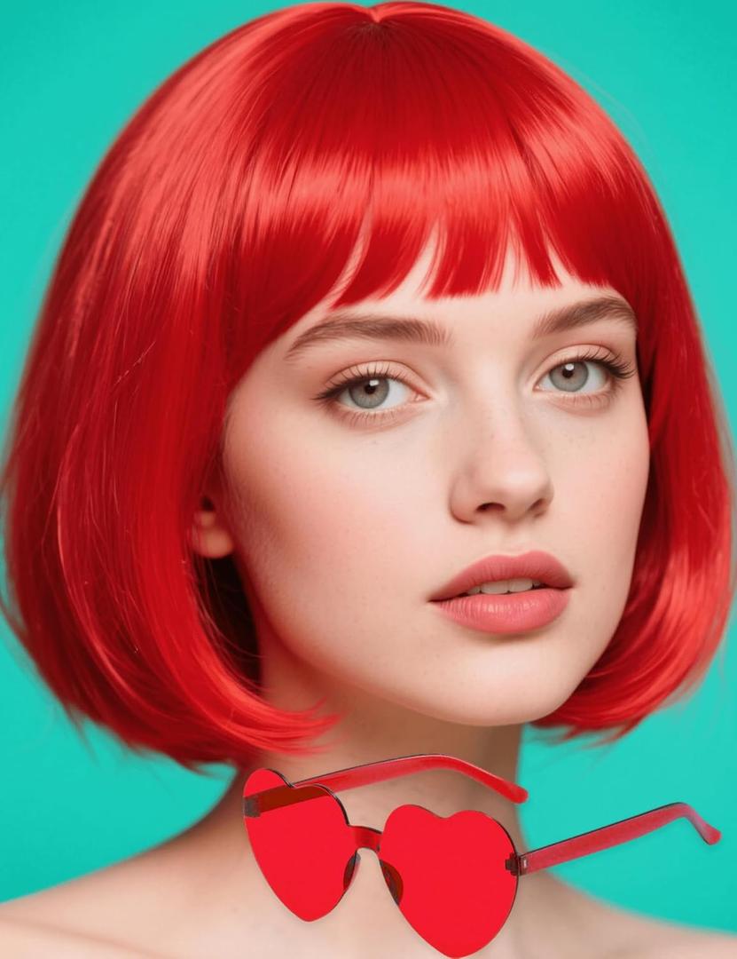 Red Bob Wig with Heart Sunglasses - Heat-Resistant, Synthetic Fiber, Adjustable and Natural Looking