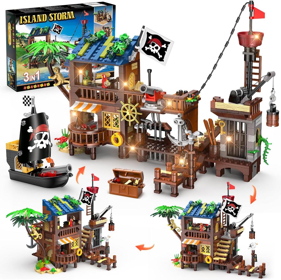 HOGOKIDS Pirate Ship House Building Set with LED Light - 3 Style Modes Pirate Wharf Supply Center Building Block Set, 781PCS STEM Bricks Kit for Kids Girls Boys Ages 6-12+ Valentines Gifts