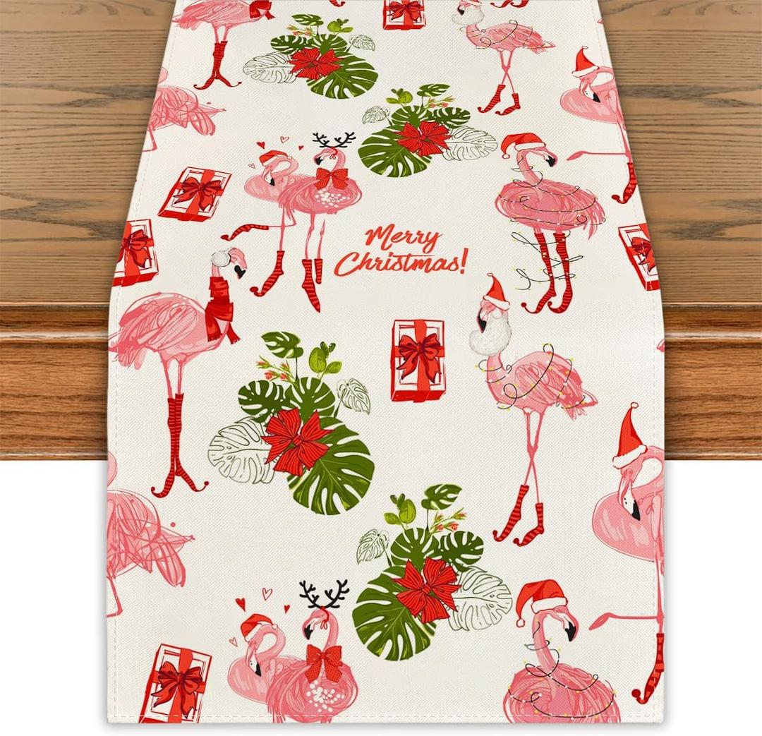 Flamingo Christmas Table Runner Beach Christmas Table Cover Tropical Coastal Hawaliian Christmas Decor Flamingo New Year Xmas Decor Christmas Decorations for Home Party