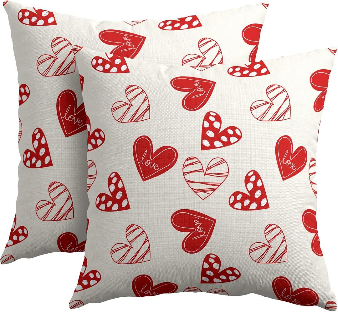 Valentines Day Pillow Covers 18x18 Set of 2 Red Heart Throw Pillow Covers Love Pillowcase Linen Decoration Farmhouse Holiday Cozy Soft Cushion Case Couch for Indoor Outdoor Home Decor