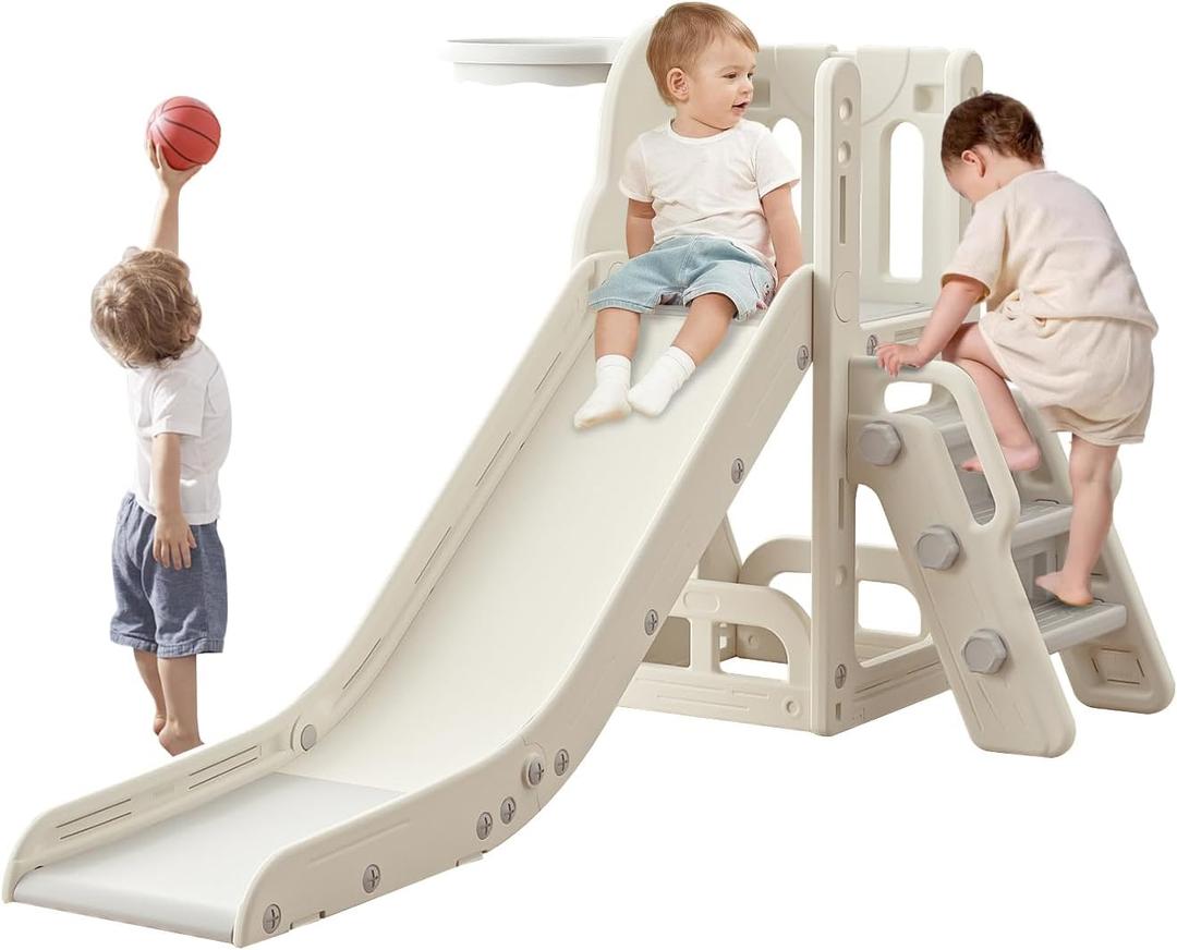 Toddler Slide,Kids Climber Slide with Storage Space and Non-Slip Steps,Indoor Outdoor Playset with Basketball Hoopa and Telescope,Slide for Toddlers Age 1-3 (White)