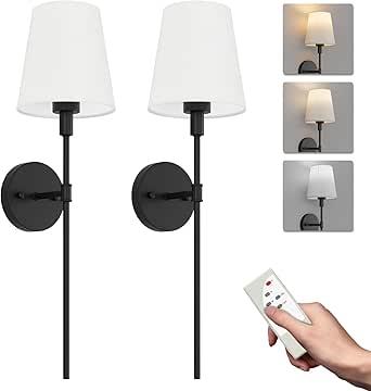 Aipsun Battery Operated Wall Sconce Set of 2, Rechargeable Wall Lights Black Indoor Dimmable Wireless Wall Sconce with Remote 3 Color Temperatures (Bulbs Included)