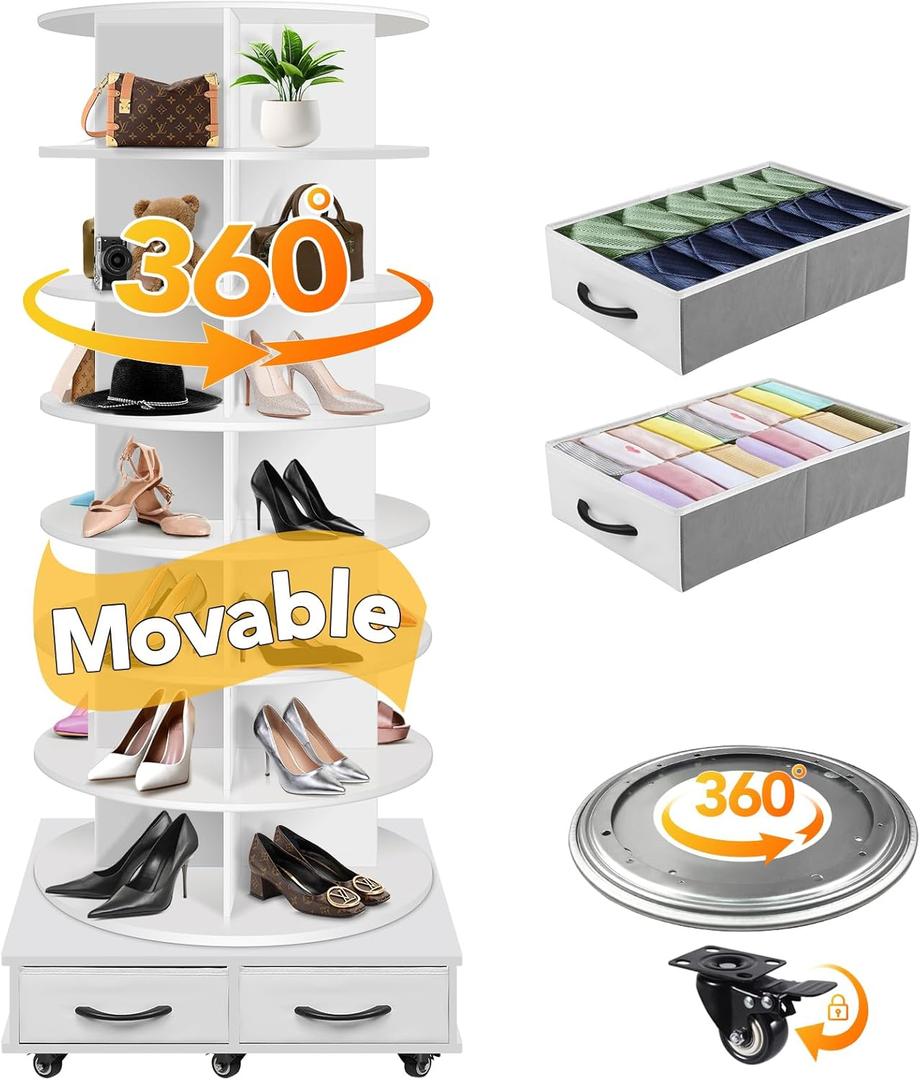 8 Tier Rotating Shoe Rack Tower Contains 2 Drawers, Spinning Shoe Rack Display Lazy Susan, Revolving 360 Shoe Racks Storage Round Carousel, Equipped with 5 Universal Wheels with Brake Function