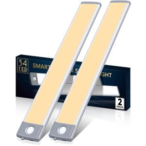 PRIORARE Under Cabinet Lighting 54 LED Motion Sensor Closet Light, 2500mAh Rechargeable Ultra Thin Magnetic Closet Lighting, 350lm Led Wireless Lights for Kitchen, Stairs(Warm White, 2Pack)