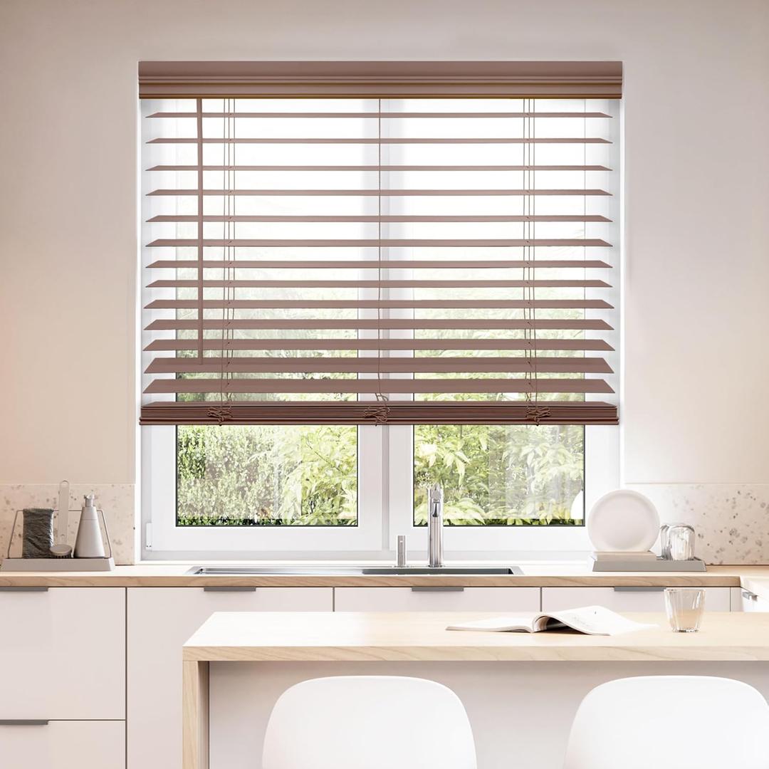 DEZ FURNISHINGS Cordless 2" Faux Wood Blind, 28.5" W x 64" H, Dark Oak