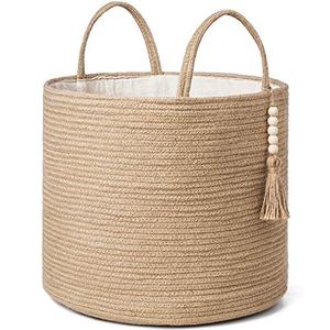 Mkono Woven Storage Basket Decorative Natural Rope Basket Wooden Bead Decoration for Blankets,Toys,Clothes,Shoes,Plant Organizer Bin with Handles Living Room Home Decor, Jute, 16" W × 13.8"L 2 Ct