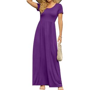DB MOON Womens 2025 Summer Maxi Dresses Casual Short Sleeve Empire Waist Spring Long Dress with Pockets (Purple)