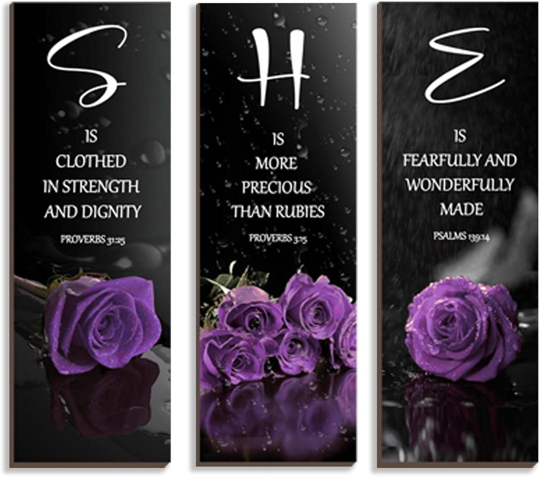 DONFENTHY 3 Pcs Purple Bedroom Decor Rose Wooden Wall Decor Inspirational Farmhouse Office Signs With SHE Bible Words Decor For Women Girl Bedroom Home(Purple 12x4Inch)