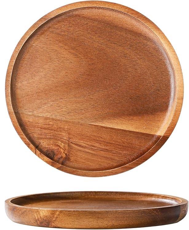 Wooden Acacia Plates of 2, 6Inch Round Wood Plates Acacia Wooden charcuterie boards Serving Tray for Dishes Snack Dessert