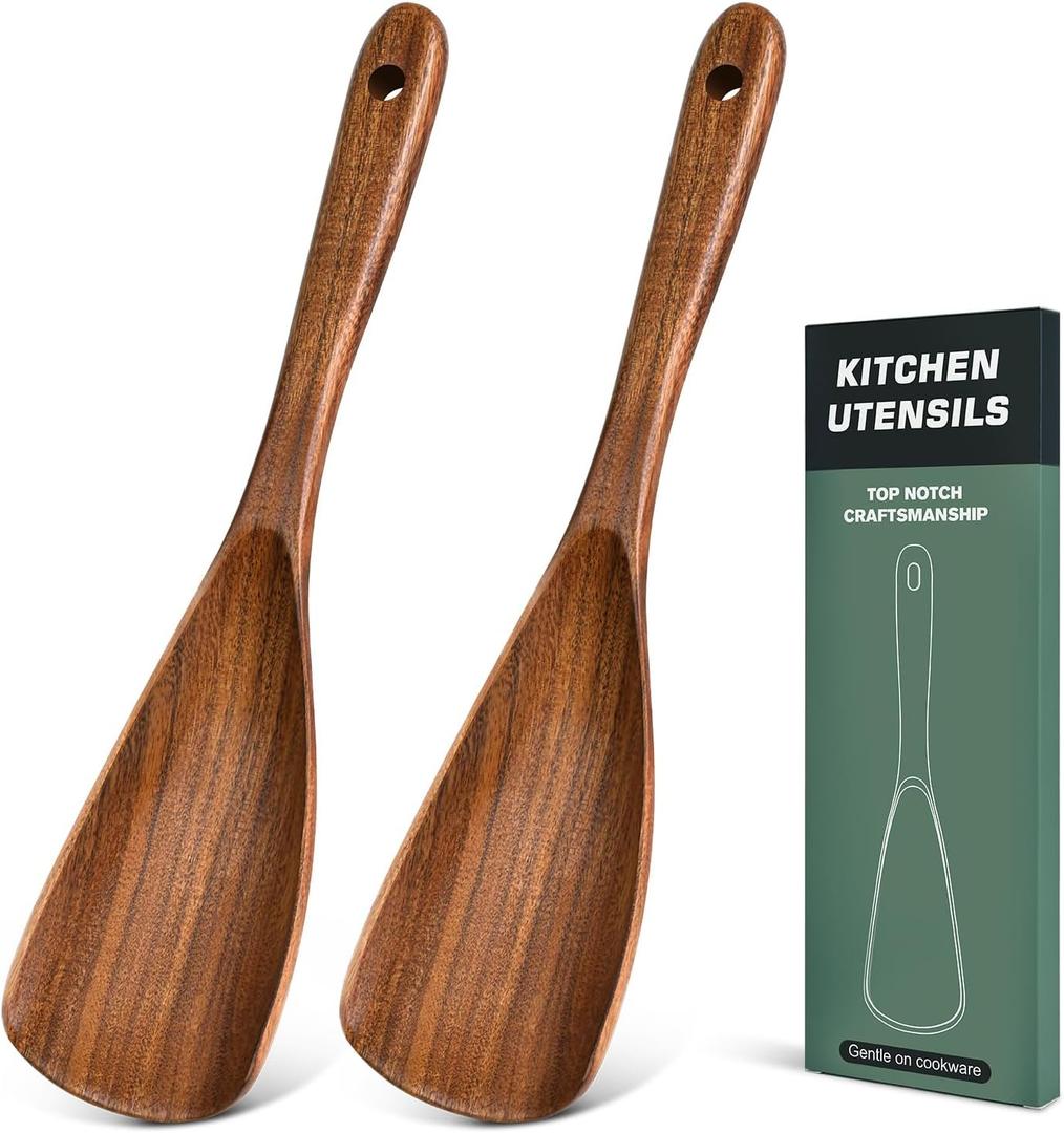 2Pcs Wooden Spatula Spoon, Multifunction Cooking Spoon for Nonstick Cookwares, Heat Resistant Acacia Wooden Spoon Spatula for Cooking, Mixing, Scooping, Scraping, BPA-Free, 11.6 x 2.8 Inch