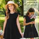 Girl's Ruffle Sleeve Dress Crewneck Short Sleeve Tiered Midi Dress for Kids 5-14 Years Elegant Casual Sundress (Black)