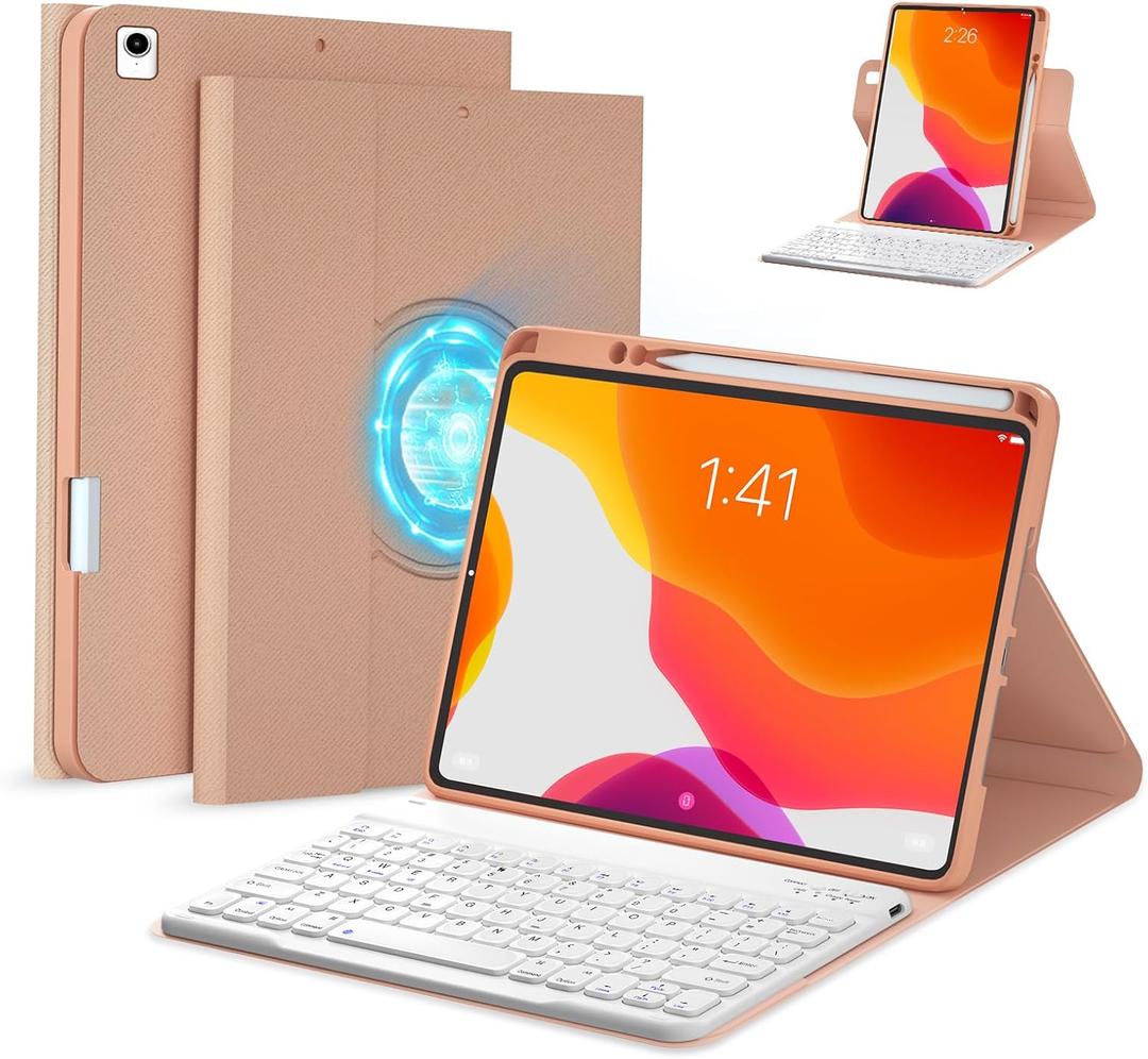 BOBOLEE Case Keyboard 9th Generation for iPad 10.2 inch - 8th Gen. - 7th Gen. - Pro 10.5" Air 3rd, Wireless Detachable Keyboard, Adjustable Vertical Horizontal Rotatable Clear Cover, RG (Pink with Non-Backlit Keyboard)
