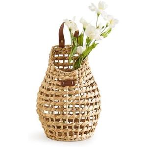 LGENHOOM Wall Hanging Pocket Basket Open Weave Water Hyacinth Storage Belly Basket Decorative Boho Mounted Organizer for Flower Plants