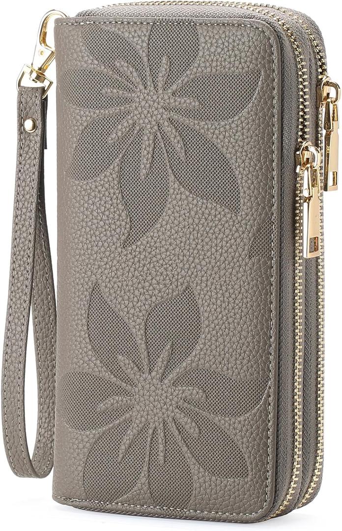 GOIACII Women's Wallet Large Capacity Double Zip Ladies Card Phone Holder RFID Blocking Wristlet Leather (A10 Gray)