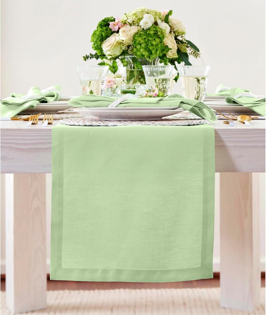 Solino Home Pastel Green Table Runner 36 Inches - 100% Pure Linen Farmhouse Short Table Runner 14 x 36 Inch Ideal for Dresser and Coffee Tables - Spring, Father's Day, Summer - Fete