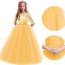 Girls Flower Vintage Floral Lace 3/4 Sleeves Floor Length Dress Wedding Party Evening Formal Pegeant Dance Gown (Yellow, 3-4T)