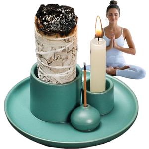 4 - in - 1 Ceramic Incense Burner: Holds Incense Sticks, Palo Santo Sage. Features Ash Catcher Tray. Also a Candle Holder. Handmade, Ideal for Meditation Yoga, Easy to Clean