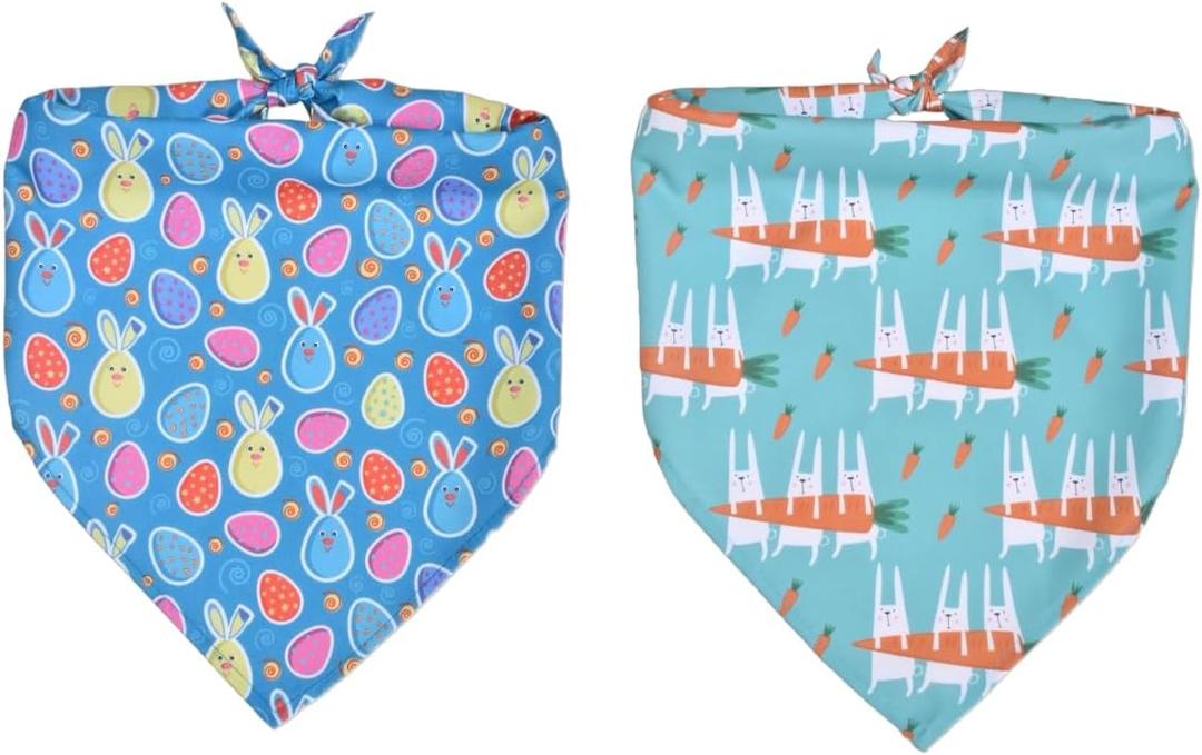 2 Pack Easter Pet Bandanas for Dogs & Cats - Polyester Triangle Scarves,Adjustable Holiday Accessories(Blue&Lake Blue M)