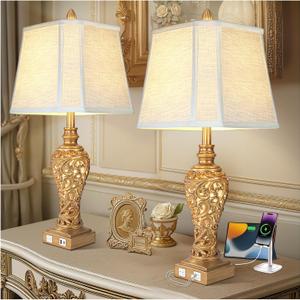 Vintage Table Lamps Set of 2, 28.5'' Tall Antique Gold Bedside Lamps with Fabric Shades, USB A+C Charging Ports & Night Light, Farmhouse Nightstand Lamps for Bedroom Living Room Office (Bulb Included)