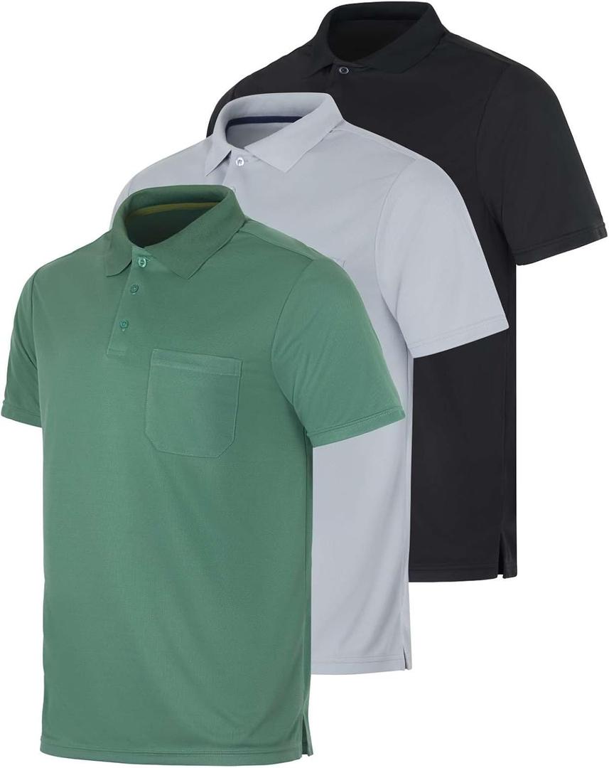 Real Essentials 3 Pack: Mens Short Sleeve Dry-Fit Collared Polo Shirt with Pocket - Active Casual (Available Big & Tall) (XXXL)