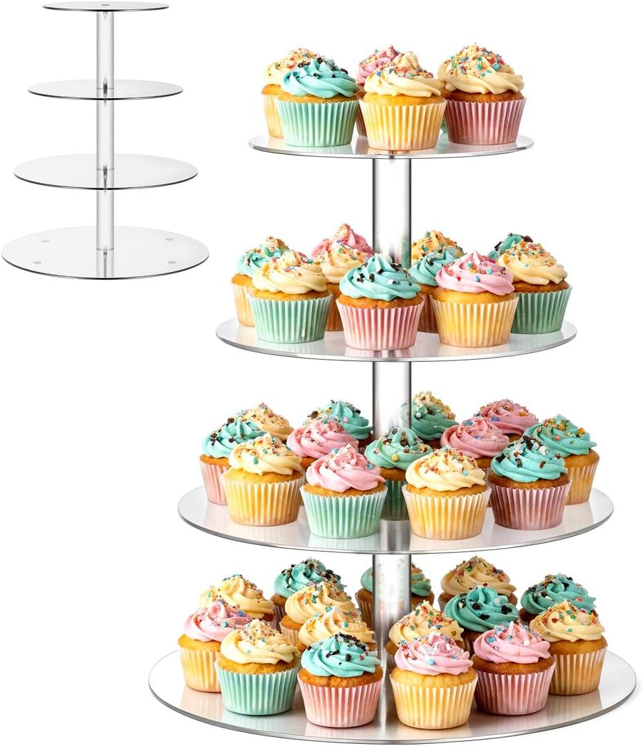1 PCS 4 Tier Acrylic Cupcake Stand, Cupcake Tower Stand Clear Dessert Tower Large Capacity Dessert Table Display Thick Cup Cake Holder Stands for Weddings, Birthdays and Holidays