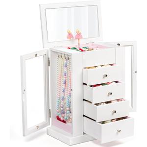 Emfogo Jewelry Box for Girls, Musical Jewelry Box with Spinning Dancer Gifts for Little Girls Christmas New Year Birthday Children's Day, 5 Layer Large Wooden Kids Music Jewelry Organizer Box(White)