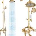 Antique Brass Shower System Bathroom Shower Faucet Set with 8 Inch Shower Head Handheld Spray and 360 ° Rotation Tub Spout 2 Cross Handles Outdoor Shower Fixtures