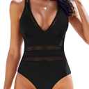 AI'MAGE Women One Piece Swimsuit Sexy V Neck Bathing Suits Tummy Control Swimsuits Mesh Hollow Out Swimwear  (Large, Black)