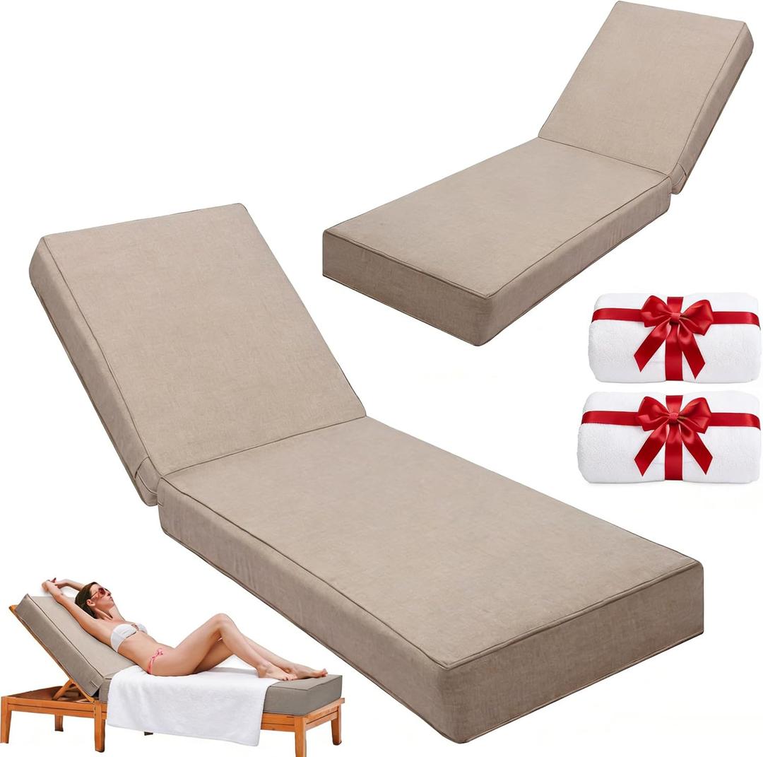 Outdoor Chaise Lounge Cushion 80"x26"x6", Waterproof 6" Extra Thickness Lounge Cushion with Removable Cover, Patio Lounge Chair Cushions Set of 2 for Outdoor Furniture, Khaki