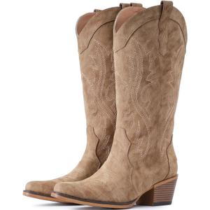 Cowboy Boots For Women Western Cowgirl Boots with Chunky Heel Mid Calf Snip Toe Ideal for low insteps (Size 7, Camel)