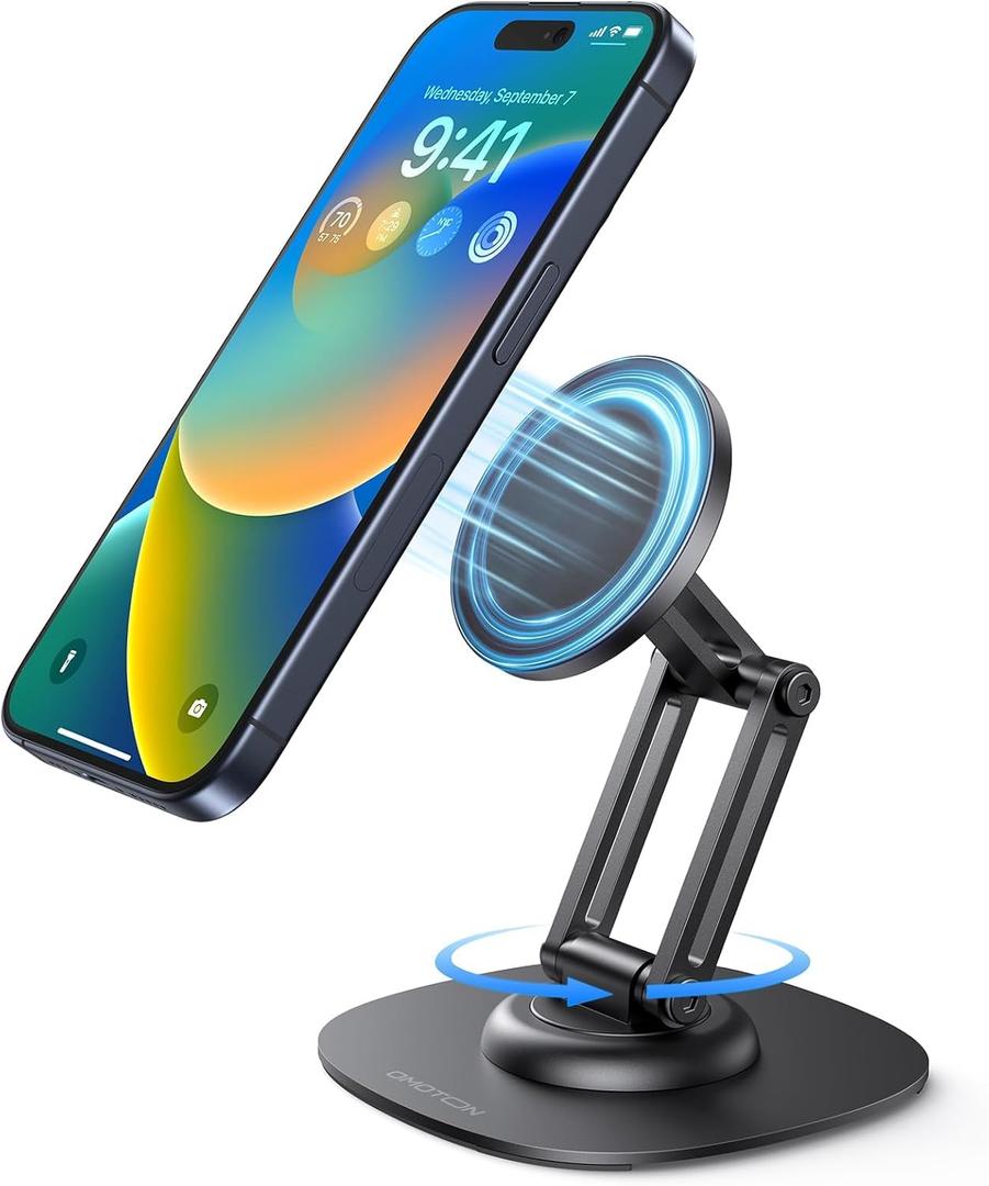 OMOTON 360Rotating Magnetic Phone Stand for Desk, Adjustable Foldable Aluminum for MagSafe Cell Phone Stand Holder with Non-Slip Base, for iPhone 16/15/14/13 Pro Max/MagSafe Case- Black