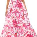 PRETTYGARDEN Women Summer Boho Maxi Dresses 2025 V Neck Puff Short Sleeve A-Line Flowy Tiered Floral Wedding Guest Dress (Pink, S)