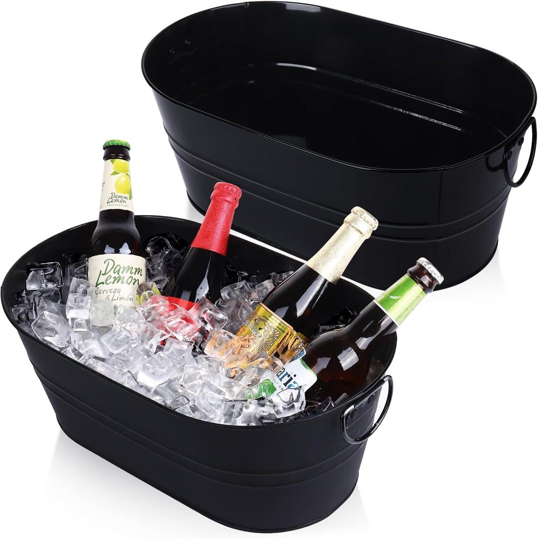 Galvanized Tub Beverage Tubs, 2pcs Metal Ice Buckets for Cocktail Bar 3 Gallon Wine Beer Drink Buckets with Handles Large Tub Cooler Mimosa Bar Supplies Ice Bucket for Parties 15x9.6x6inch (Black)