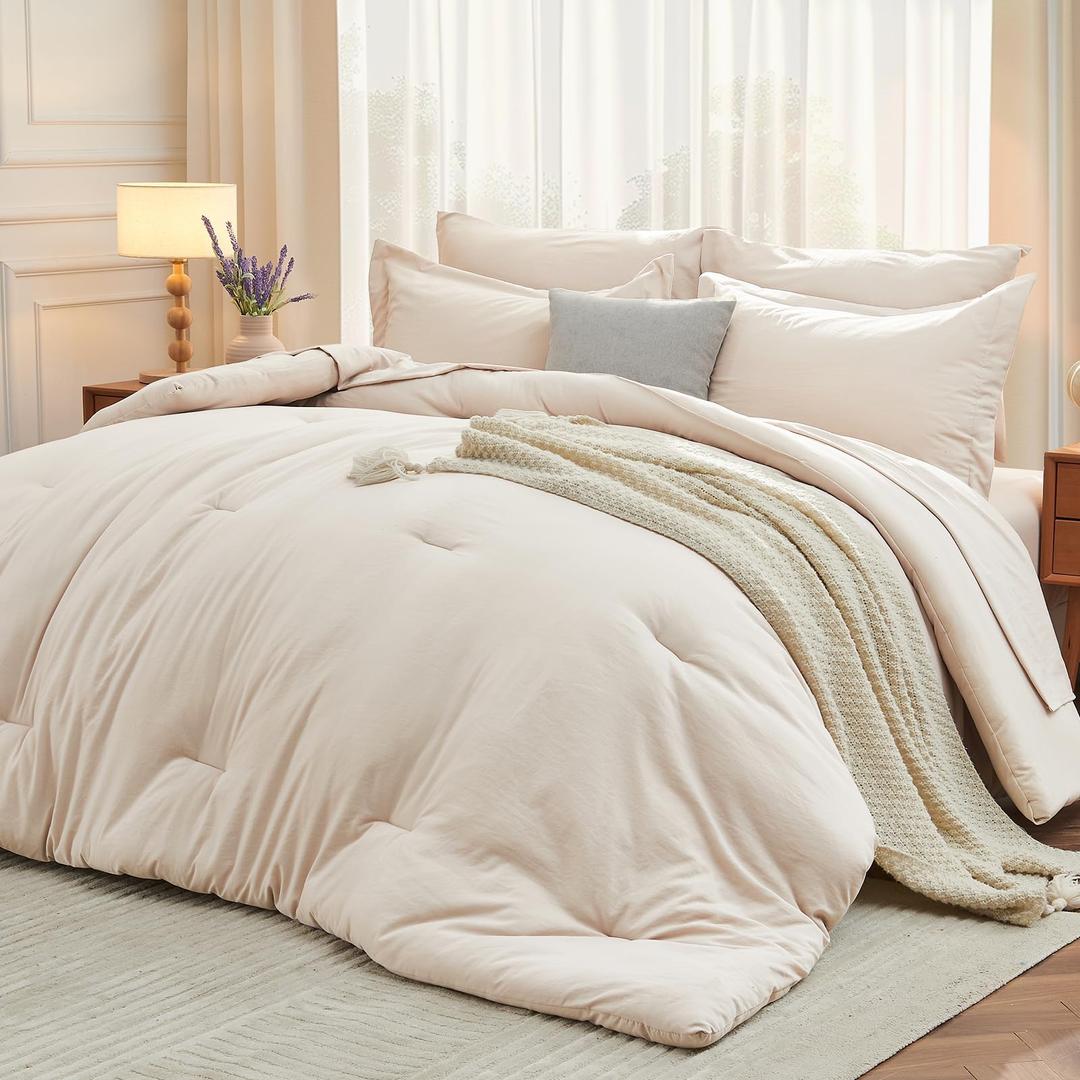 MUXHOMO 7 Pieces King Comforter Set, Soft Bed in a Bag King Size, All Season Bedding Set with Comforter, Flat Sheet, Fitted Sheet, Pillowcases & Shams, Beige