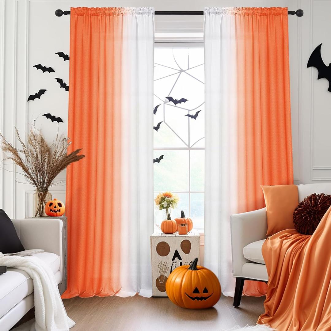 Melodieux Linen Ombre Semi Sheer Curtains 84 Inches Long for Living Room, Orange White Horizontal Gradient Rod Pocket Voile Drapes, 52 by 84 Inch, 2 Panels