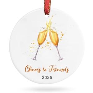 Creawoo Cheers to Friends 2025 Christmas Ornament, Friendship Keepsake Gift for Good Friends Classmate New Year Holiday Present, Classic Ceramic Ornaments Christmas Tree Decoration
