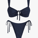 ZAFUL Women's Cinched Bikini Solid Color Wave Textured Knotted Tied Side Two Piece Swimsuit Bathing Suits M