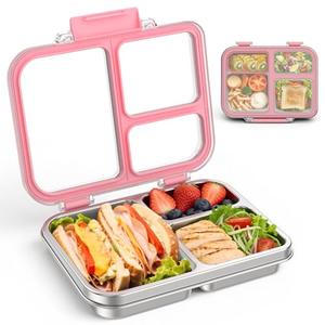 BABHAMNESS Stainless Steel Bento Lunch Box for Kids Adults, 3 Compartments Metal Bento Box with Transparent Lid & Silicone Container for Kids, Dishwasher-Safe, School & Travel, BPA-Free(Pink)