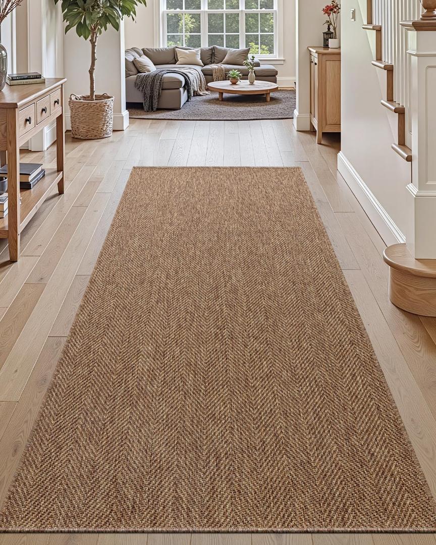 DEXI Hallway Runner Rug 3.3x6.7, Woven Braided Farmhouse Runner Carpet Indoor, Absorbent Thin Long Entryway Runners for Kitchen, Laundry Room, Patio Entrance, Brown