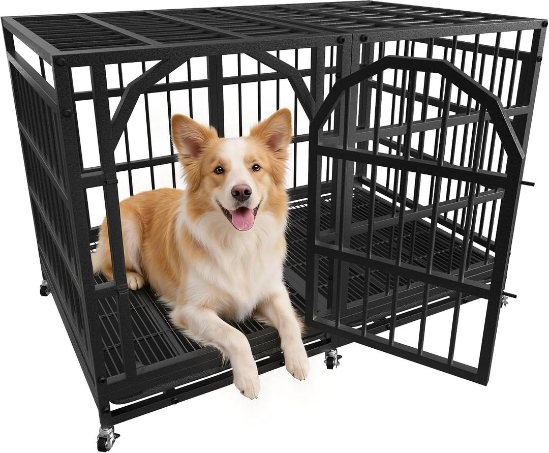 Heavy Duty Dog Crate 42 Inch Indestructible Escape Proof Cage Black Large Dog Kennel Indoor for High Anxiety Dogs with Wheels, Locks and Remorvable Trays