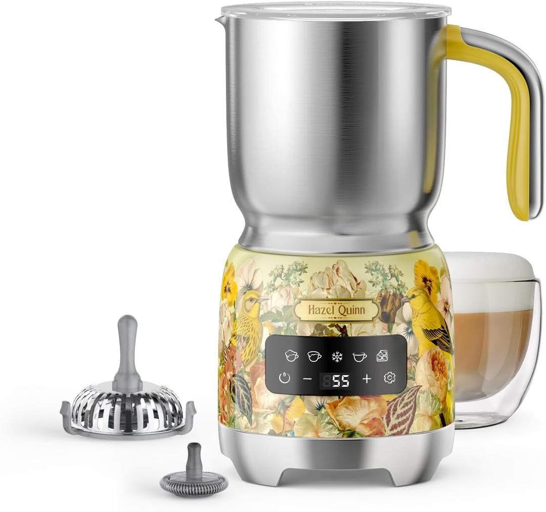 Hazel Quinn Milk Frother  Hot and Cold Detachable Milk Frother with Adjustable Temperature & Foam Thickness, Dishwasher Safe, for Latte/Cappuccino/Hot Chocolate, 400ML (13.5oz)  Floral Printed