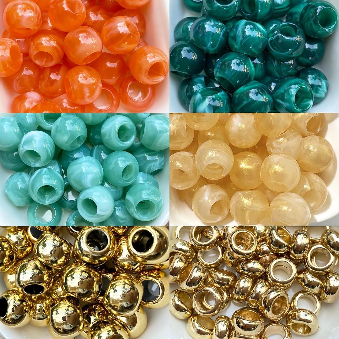 160Pcs African Hair Beads for Braids for Women Large Hole Pony Bead for Braiding 12mm Small Round Macrame Jewelry Crafts Beading Supplies (Dark Green, Light Green, Orange, Yellow, Gold)