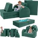 Fvkind Kids Modular Couch, 10-Piece Modular Play Sofa for Kids, Willow | Foam Play Couch Green, Removable and Washable Cover, Chenille Fabric, Great Furniture for Kids Playroom, 48.8 inches x 25.2 inches x 21.3 inches