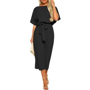 LYANER Women's Round Neck Short Sleeve Zipper Back Waist Tie Romper Wide Leg Pant Jumpsuit (Black, S)