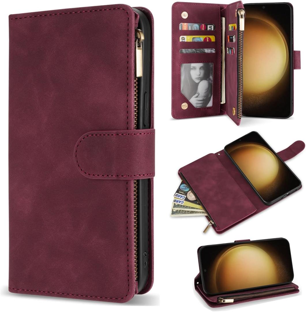 ZZXX Samsung Galaxy S23 Wallet Case with RFID Blocking Card Slot PU Leather Zipper Flip Folio with Strap Kickstand Protective Cover for Samsung Galaxy S23 Case Wallet(Wine Red-6.1 inch)
