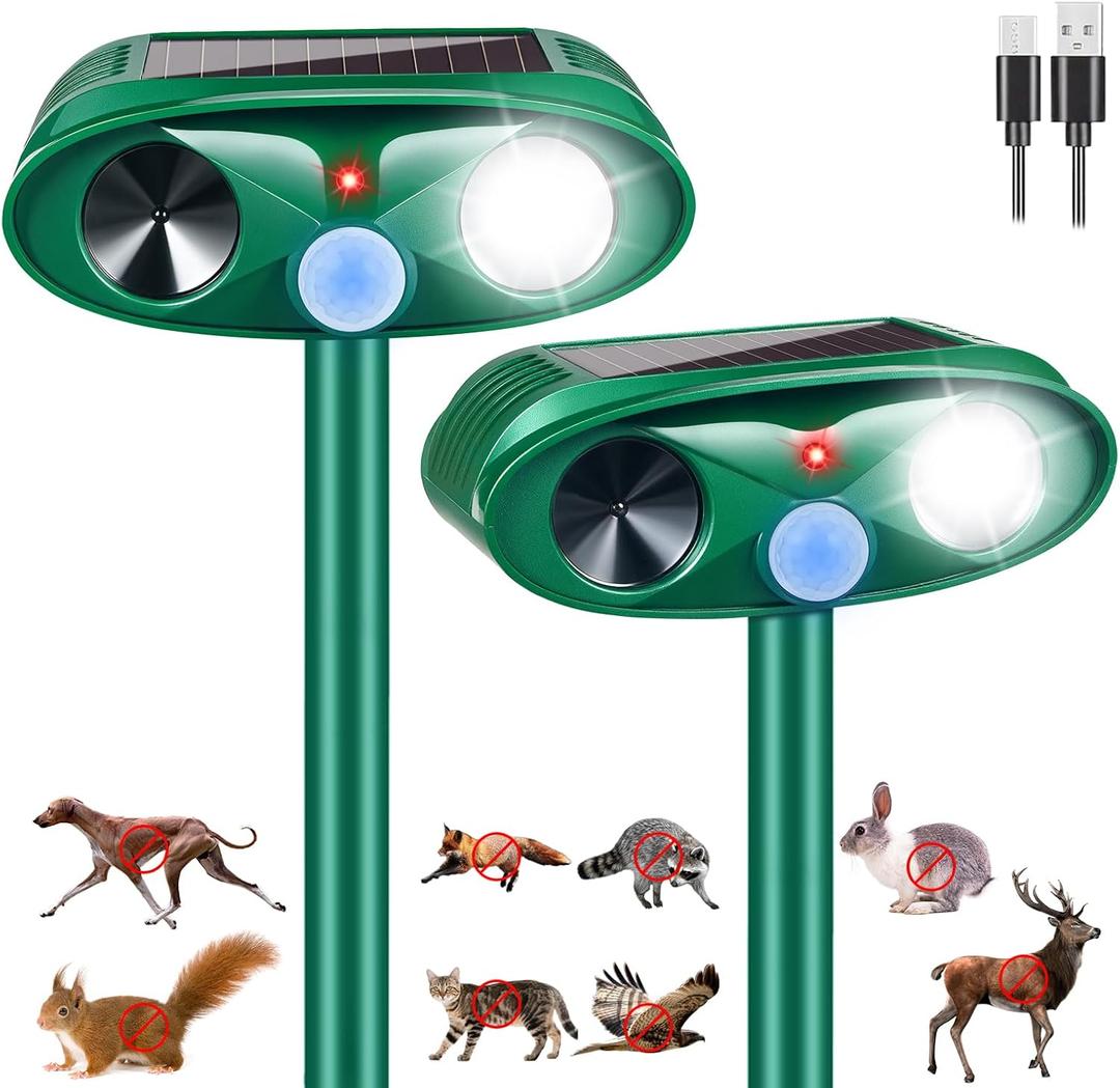 Upgraded Cat Deer Repellent Devices Solar Ultrasonic Animal Repeller Outdoor with Motion Sensor & Flashing Light, Animal Deterrent Devices for Squirrel Raccoon Dog Rabbit Skunk for Yard Garden, 2 Pack