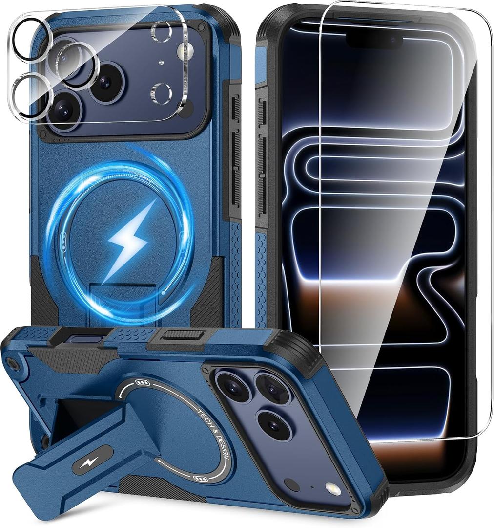 3 in 1 for iPhone 17 Pro Case [Compatible with MagSafe] [Invisible Kickstand] [HD Screen Protector] [Camera Lens Protector], Protective Magnetic Phone Cover for iPhone 17 Pro (Blue)